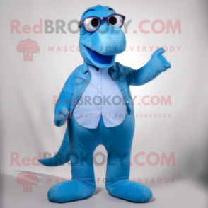 Blue Diplodocus mascot costume character dressed with a Bootcut Jeans and Eyeglasses