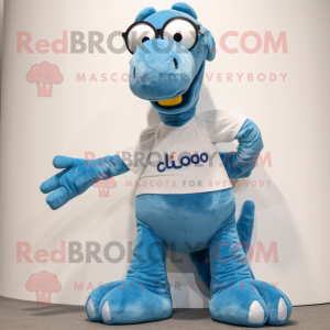 Blue Diplodocus mascot costume character dressed with a Bootcut Jeans and Eyeglasses