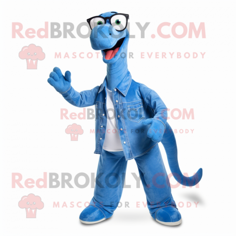 Blue Diplodocus mascot costume character dressed with a Bootcut Jeans and Eyeglasses Blue Diplodocus mascot costume character dressed with a Bootcut Jeans and Eyeglasses