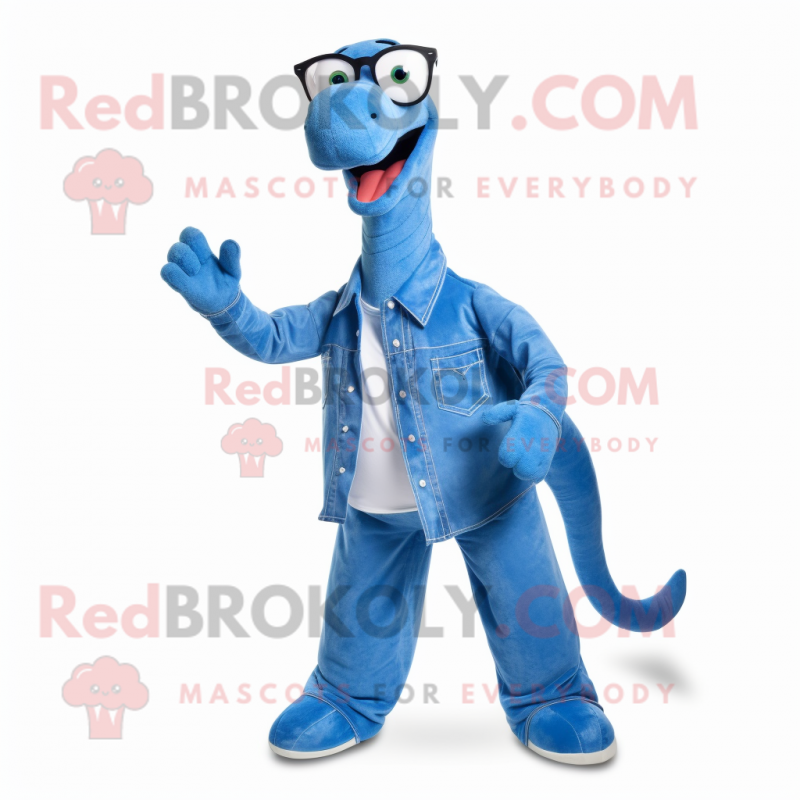 Blue Diplodocus mascot costume character dressed with a Bootcut Jeans and Eyeglasses