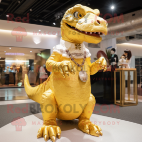 Gold Tyrannosaurus mascot costume character dressed with a A-Line Dress and Keychains