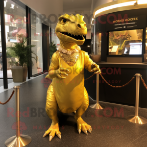 Gold Tyrannosaurus mascot costume character dressed with a A-Line Dress and Keychains