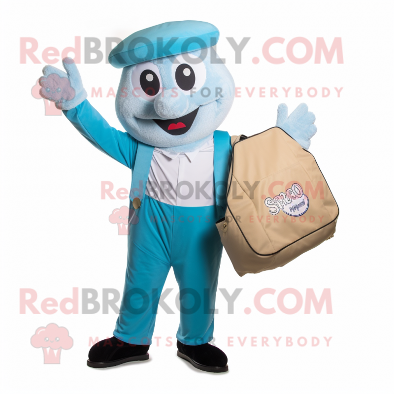 Sky Blue Pizza mascot costume character dressed with a Culottes and Messenger bags