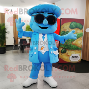 Sky Blue Pizza mascot costume character dressed with a Culottes and Messenger bags