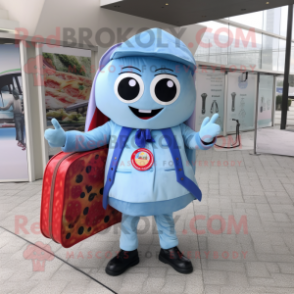 Sky Blue Pizza mascot costume character dressed with a Culottes and Messenger bags