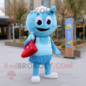 Sky Blue Pizza mascot costume character dressed with a Culottes and Messenger bags