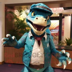 Teal Utahraptor mascot costume character dressed with a Chinos and Gloves