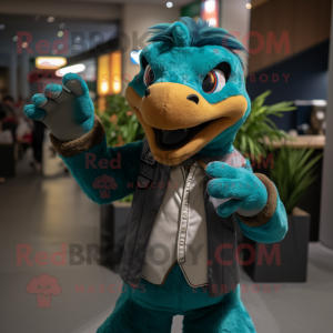 Teal Utahraptor mascot costume character dressed with a Chinos and Gloves