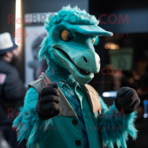 Teal Utahraptor mascot costume character dressed with a Chinos and Gloves