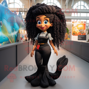 Black Mermaid mascot costume character dressed with a Culottes and Suspenders