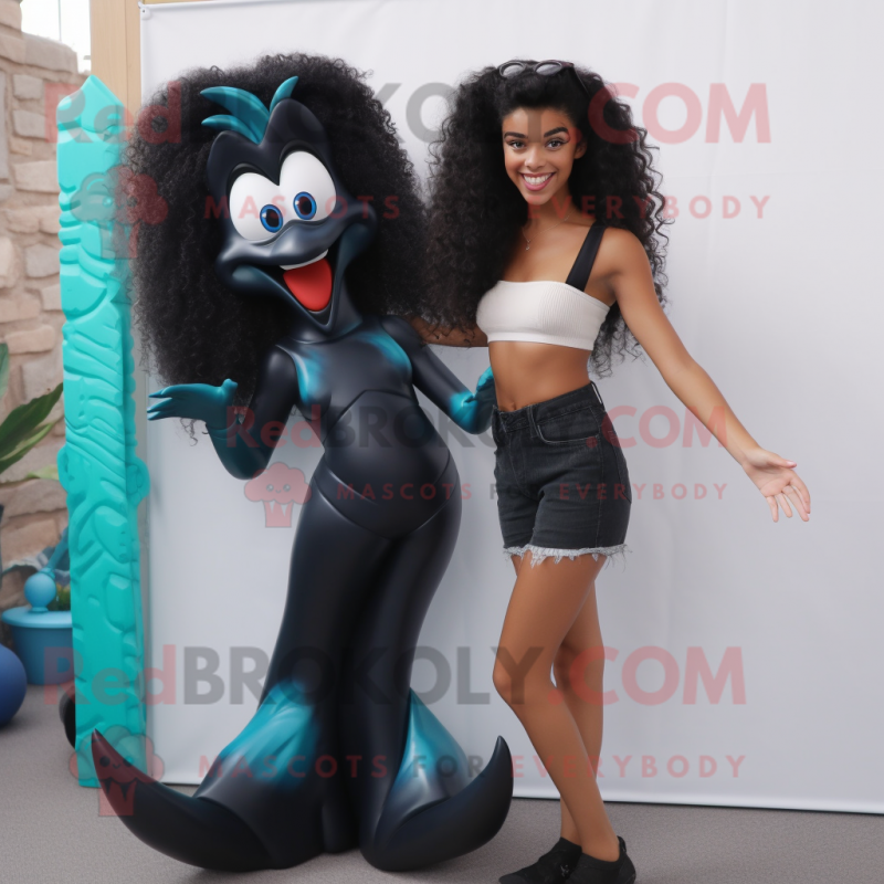 Black Mermaid mascot costume character dressed with a Culottes and Suspenders Black Mermaid mascot costume character dressed with a Culottes and Suspenders