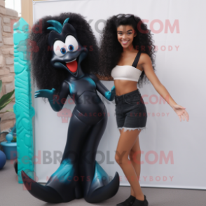 Black Mermaid mascot costume character dressed with a Culottes and Suspenders