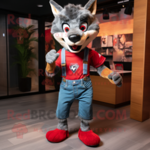 Red Wolf mascot costume character dressed with a Denim Shorts and Foot pads