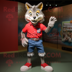 Red Wolf mascot costume character dressed with a Denim Shorts and Foot pads