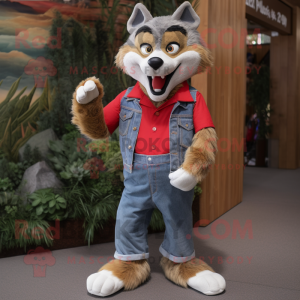 Red Wolf mascot costume character dressed with a Denim Shorts and Foot pads