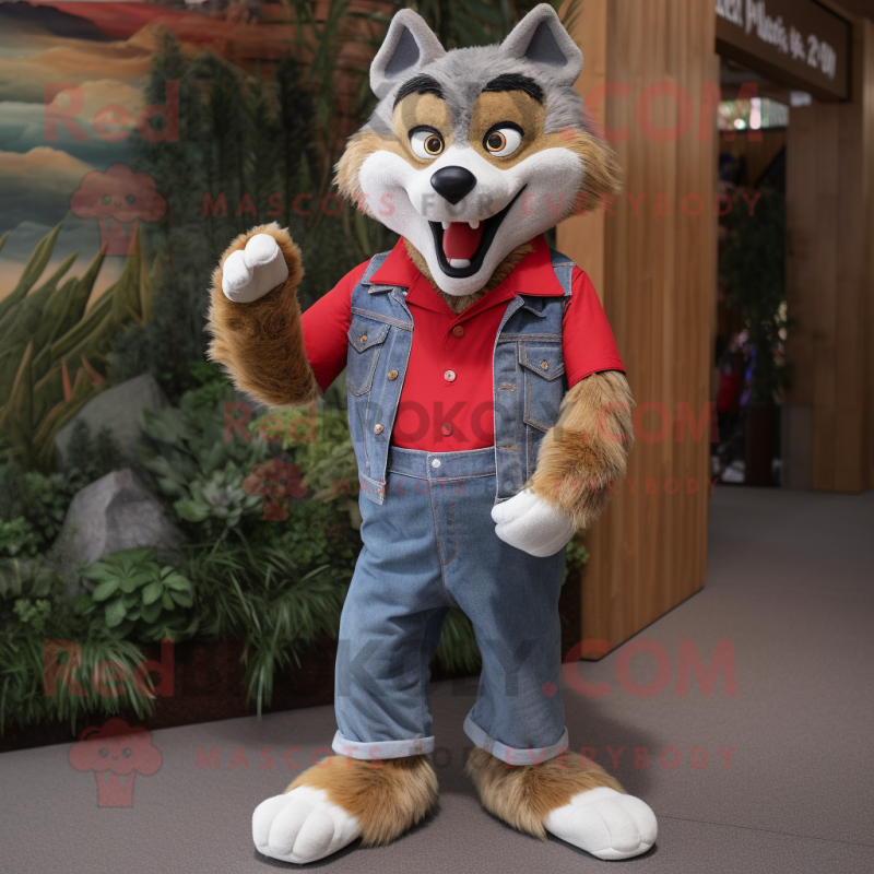 Red Wolf mascot costume character dressed with a Denim Shorts and Foot pads Red Wolf mascot costume character dressed with a Denim Shorts and Foot pads