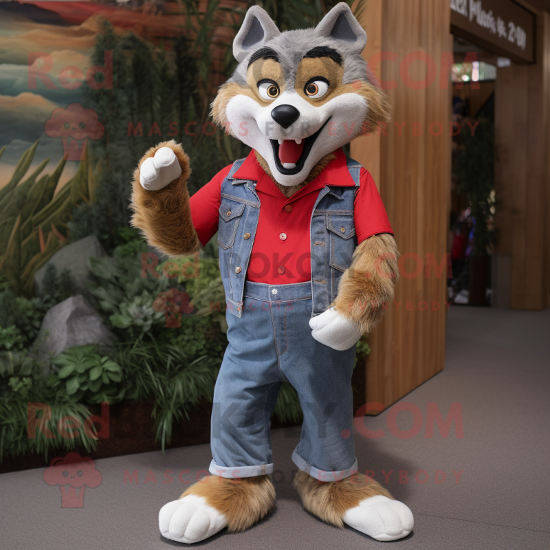 Red Wolf mascot costume character dressed with a Denim Shorts and Foot pads