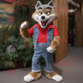 Red Wolf mascot costume character dressed with a Denim Shorts and Foot pads