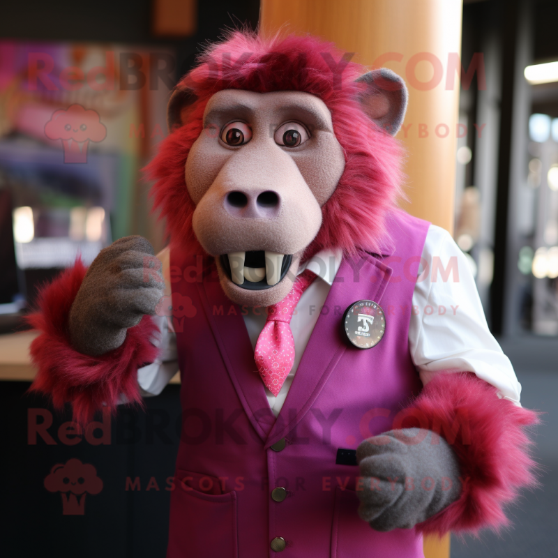 Magenta Baboon mascot costume character dressed with a Vest and Tie pins