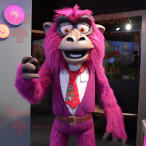 Magenta Baboon mascot costume character dressed with a Vest and Tie pins