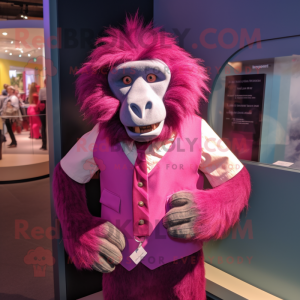 Magenta Baboon mascot costume character dressed with a Vest and Tie pins