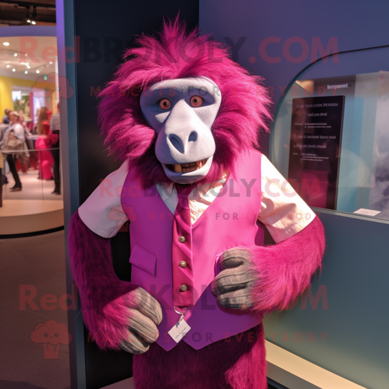 Magenta Baboon mascot costume character dressed with a Vest and Tie pins Magenta Baboon mascot costume character dressed with a Vest and Tie pins