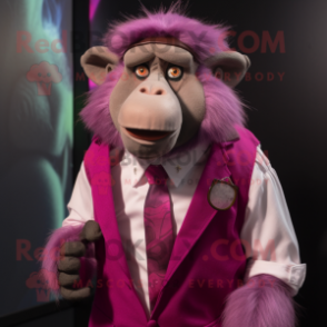 Magenta Baboon mascot costume character dressed with a Vest and Tie pins