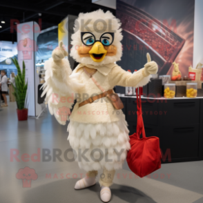 Beige Fried Chicken mascot costume character dressed with a Cocktail Dress and Backpacks