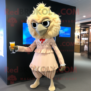 Beige Fried Chicken mascot costume character dressed with a Cocktail Dress and Backpacks