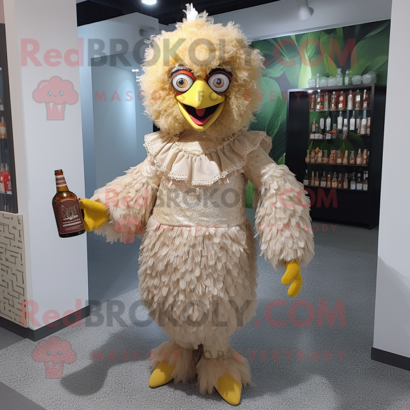 Beige Fried Chicken mascot costume character dressed with a Cocktail Dress and Backpacks Beige Fried Chicken mascot costume character dressed with a Cocktail Dress and Backpacks