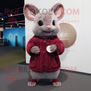 Maroon Chinchilla mascot costume character dressed with a Cardigan and Rings