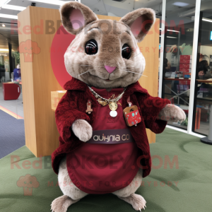 Maroon Chinchilla mascot costume character dressed with a Cardigan and Rings