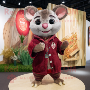 Maroon Chinchilla mascot costume character dressed with a Cardigan and Rings