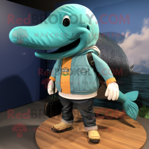 Turquoise Humpback Whale mascot costume character dressed with a Cargo Pants and Shoe laces