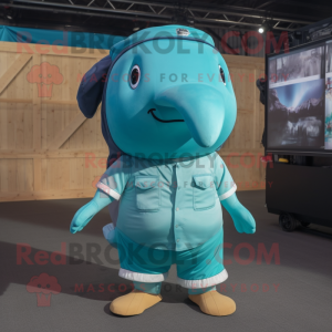 Turquoise Humpback Whale mascot costume character dressed with a Cargo Pants and Shoe laces