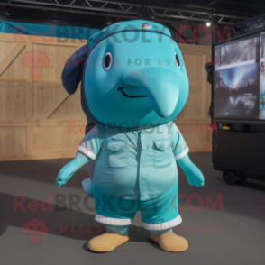 Turquoise Humpback Whale mascot costume character dressed with a Cargo Pants and Shoe laces
