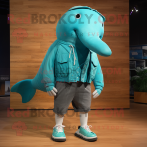 Turquoise Humpback Whale mascot costume character dressed with a Cargo Pants and Shoe laces
