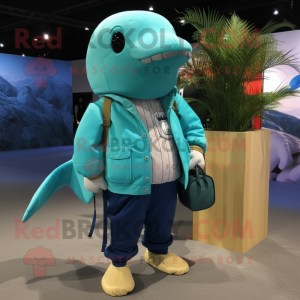 Turquoise Humpback Whale mascot costume character dressed with a Cargo Pants and Shoe laces