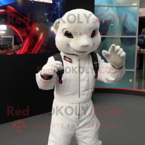 White Mongoose mascot costume character dressed with a Jumpsuit and Gloves