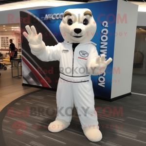 White Mongoose mascot costume character dressed with a Jumpsuit and Gloves