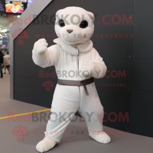 White Mongoose mascot costume character dressed with a Jumpsuit and Gloves