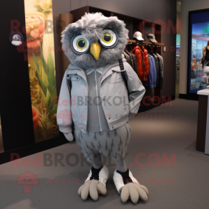 Gray Owl mascot costume character dressed with a Jacket and Shoe laces