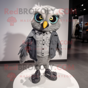 Gray Owl mascot costume character dressed with a Jacket and Shoe laces