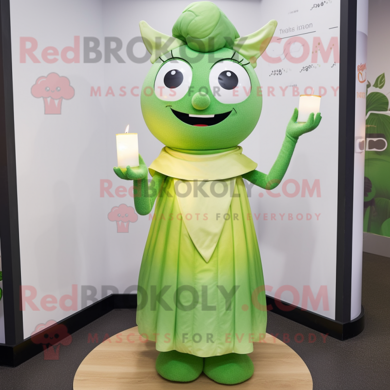 Green Scented Candle mascot costume character dressed with a Shift Dress and Headbands Green Scented Candle mascot costume character dressed with a Shift Dress and Headbands