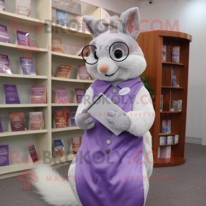 Lavender Squirrel mascot costume character dressed with a Sheath Dress and Reading glasses