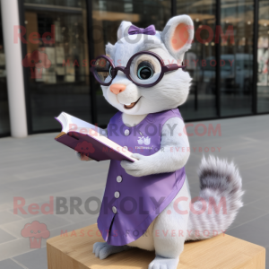 Lavender Squirrel mascot costume character dressed with a Sheath Dress and Reading glasses