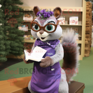 Lavender Squirrel mascot costume character dressed with a Sheath Dress and Reading glasses