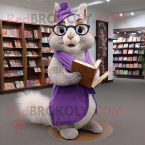 Lavender Squirrel mascot costume character dressed with a Sheath Dress and Reading glasses