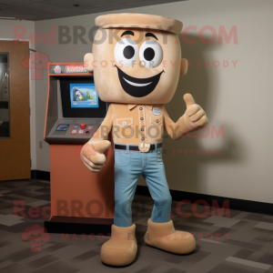 Tan Gumball Machine mascot costume character dressed with a Bootcut Jeans and Shoe clips