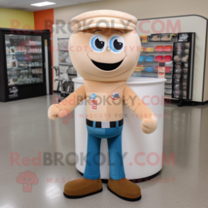 Tan Gumball Machine mascot costume character dressed with a Bootcut Jeans and Shoe clips